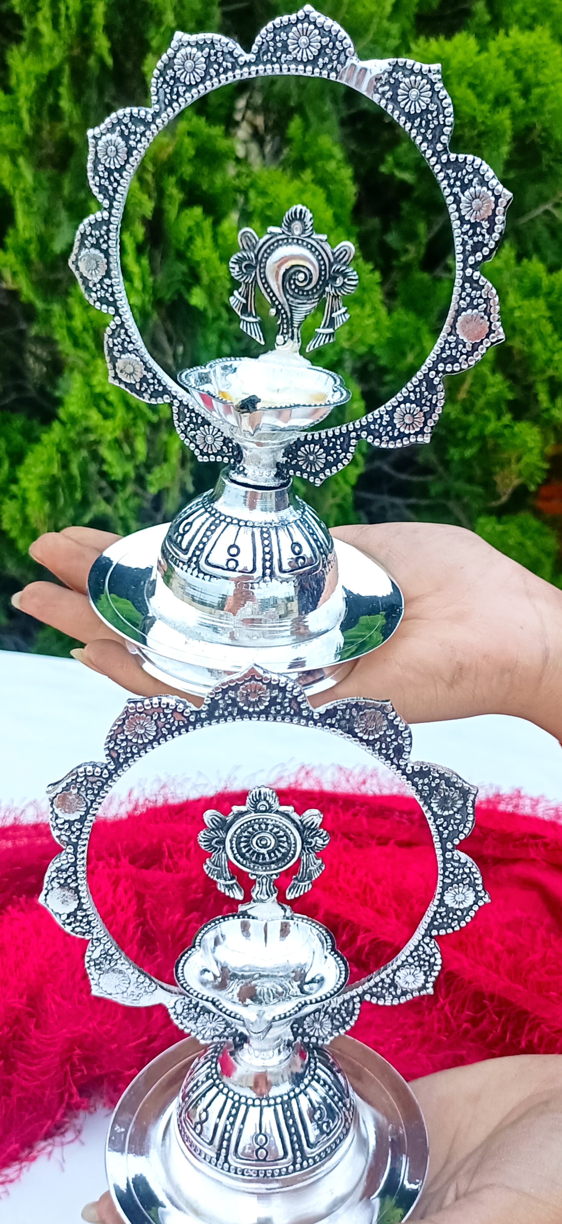 Antique German Silver shanku Chakra Diya Pair for Diwali/ Gift Item